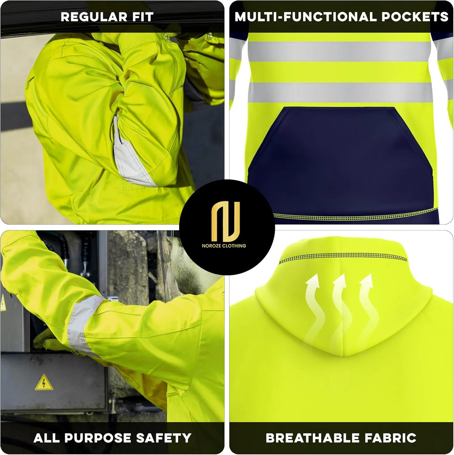 NOROZE Mens Hi-Viz Pullover Hoodie Grey Reflective Tape High Visibility Safety Coat Sweatshirt