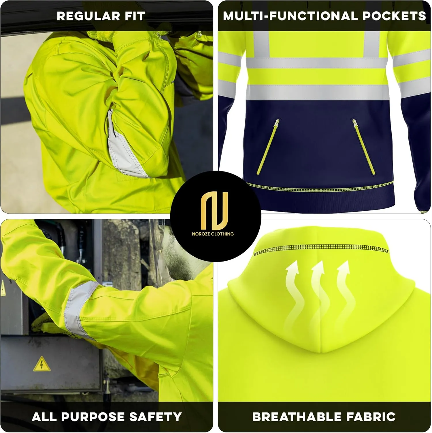 NOROZE Mens Hi-Viz Pullover Hoodie Grey Reflective Tape High Visibility Safety Coat Sweatshirt