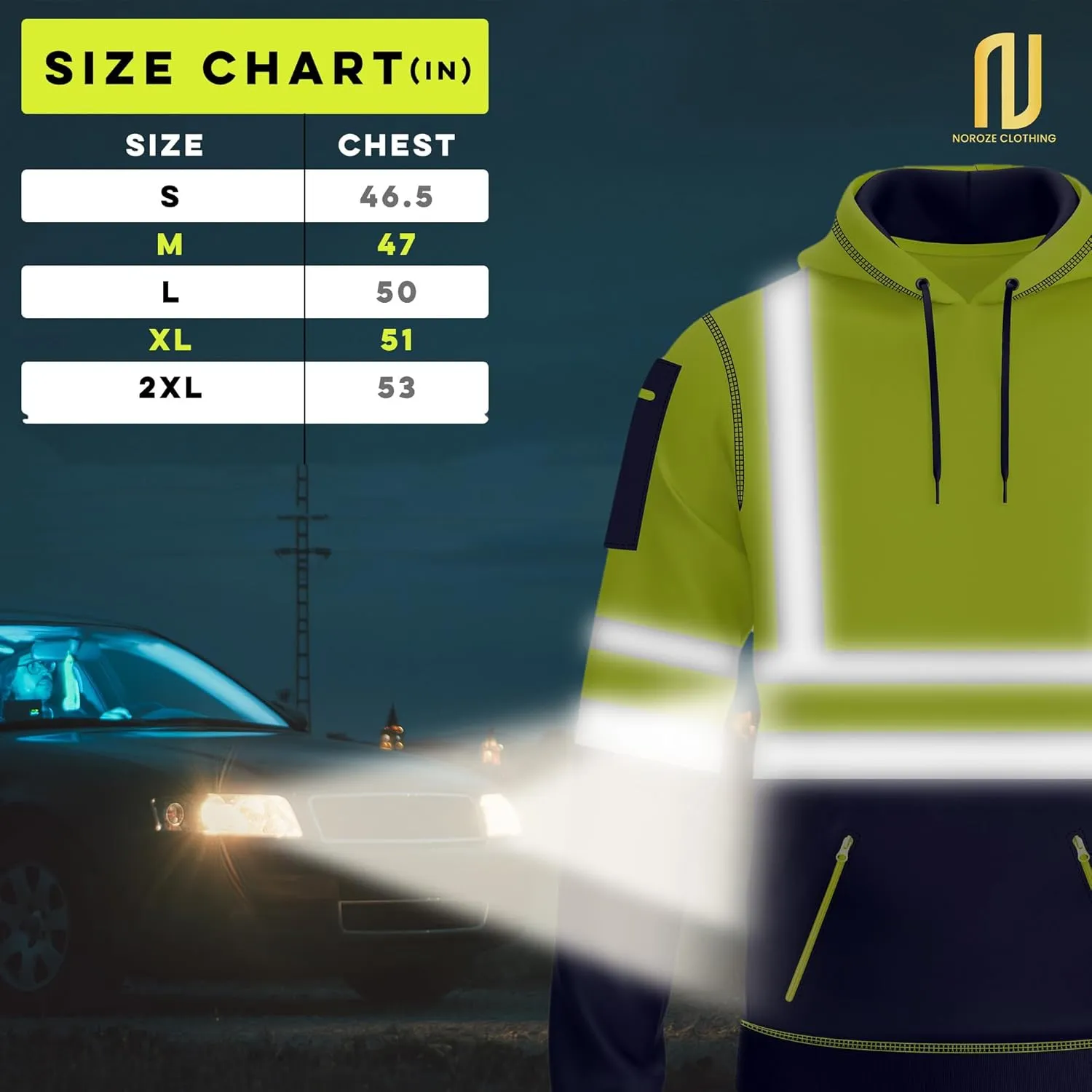 NOROZE Mens Hi-Viz Pullover Hoodie Grey Reflective Tape High Visibility Safety Coat Sweatshirt