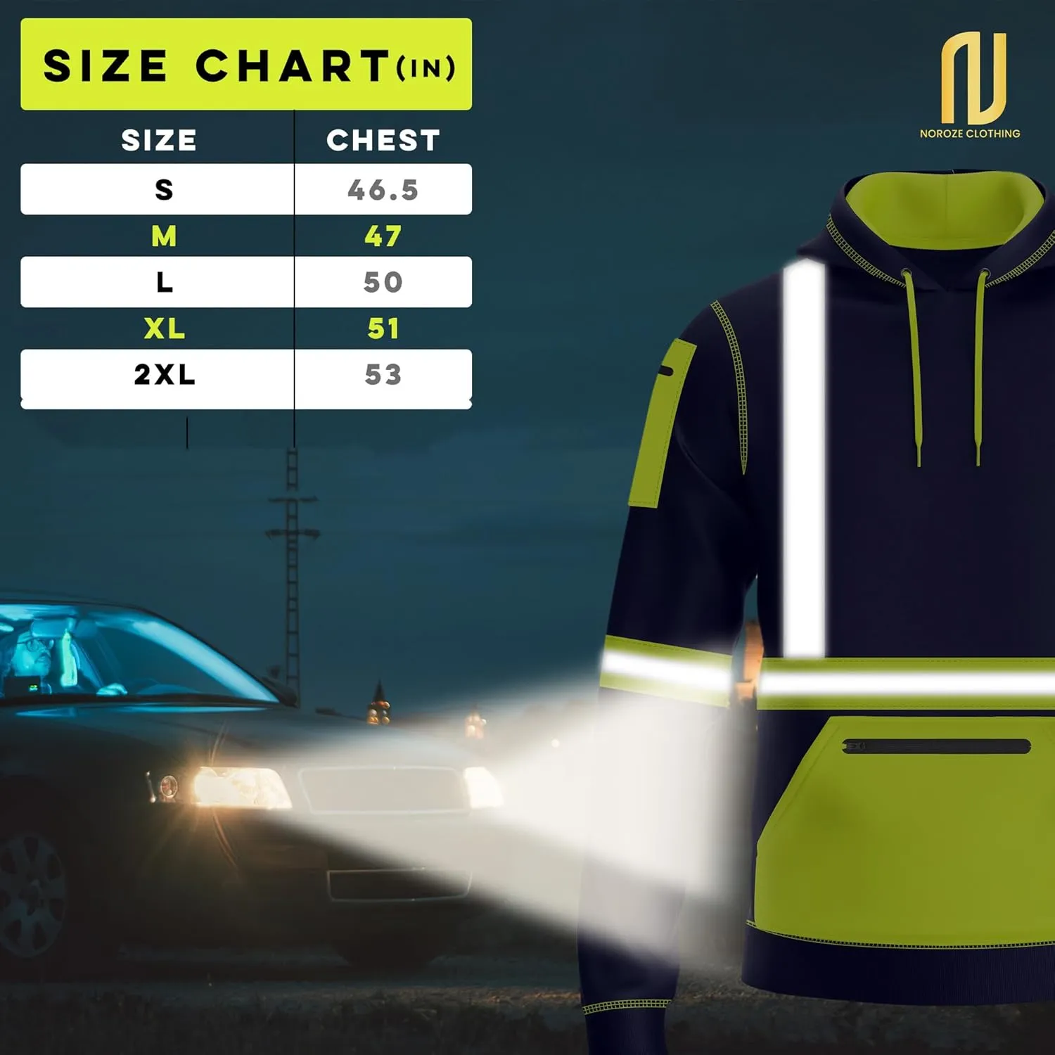 NOROZE Mens Hi-Viz Pullover Hoodie Grey Reflective Tape High Visibility Safety Coat Sweatshirt
