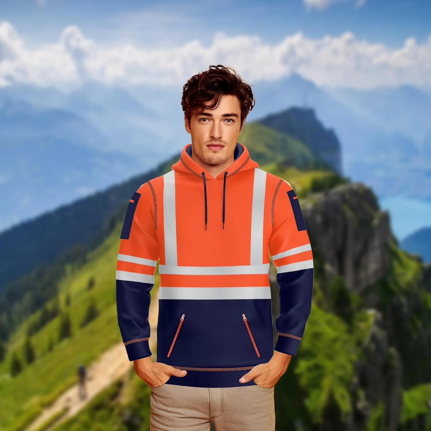 NOROZE Mens Hi-Viz Pullover Hoodie Grey Reflective Tape High Visibility Safety Coat Sweatshirt