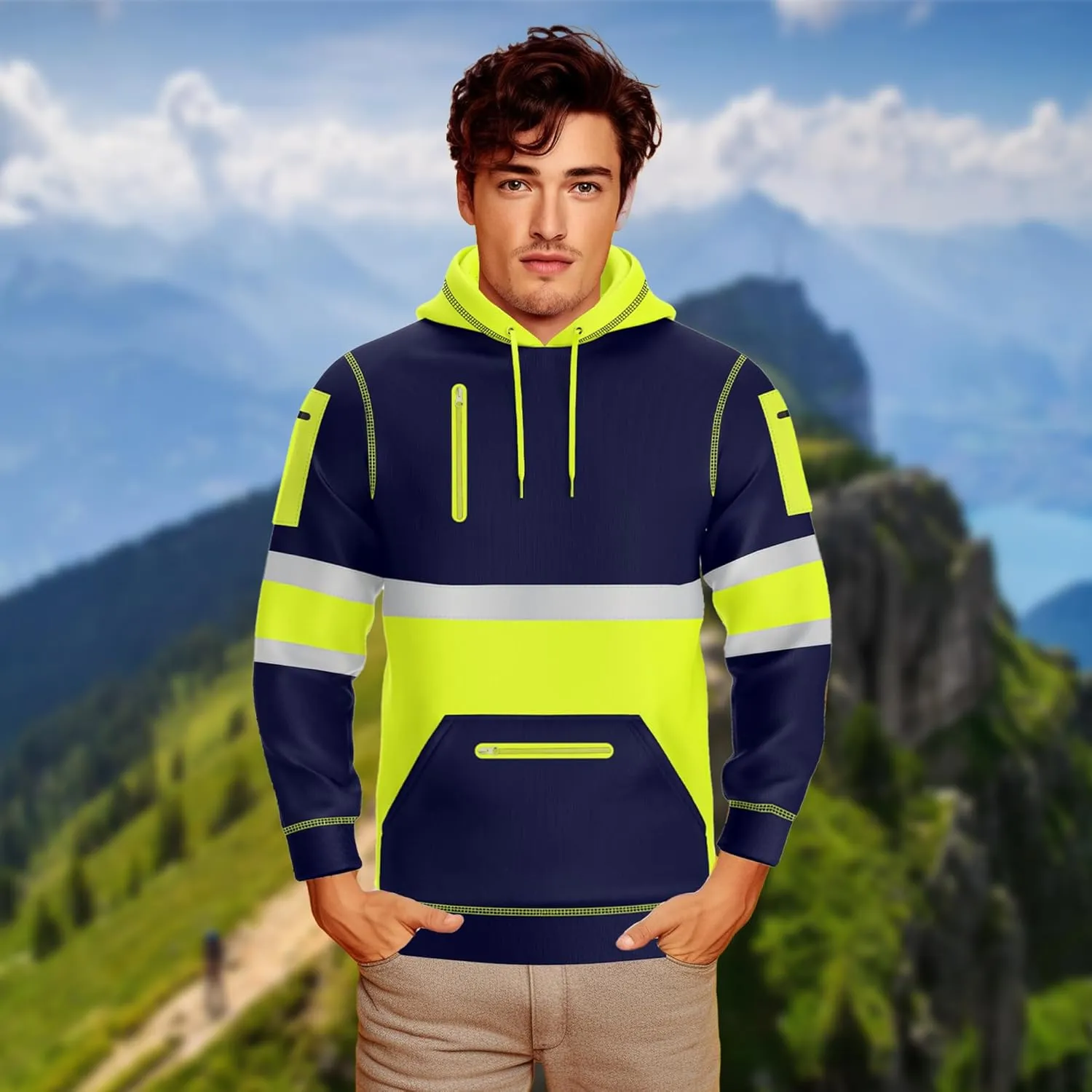 NOROZE Mens Hi-Viz Pullover Hoodie Grey Reflective Tape High Visibility Safety Coat Sweatshirt