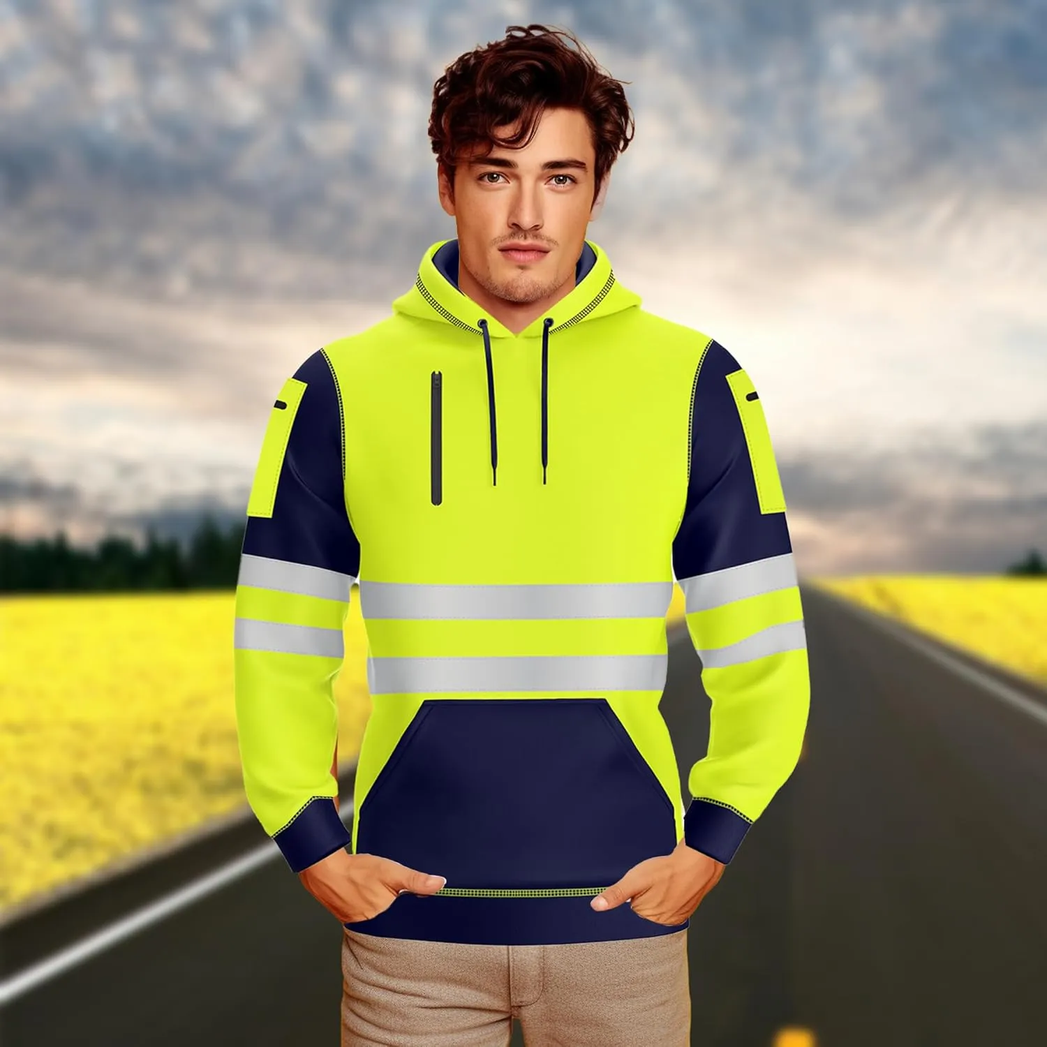 NOROZE Mens Hi-Viz Pullover Hoodie Grey Reflective Tape High Visibility Safety Coat Sweatshirt