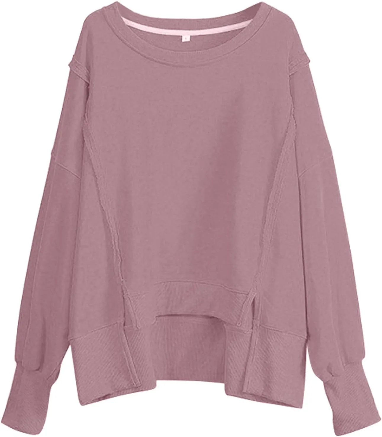 Oversized Hoodies for Women Loose Fit Solid Smocked Long Sleeve Round Neck Patchwork Tops Casual Pullover Sweatshirts
