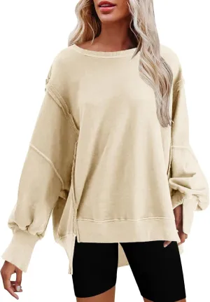 Oversized Hoodies for Women Loose Fit Solid Smocked Long Sleeve Round Neck Patchwork Tops Casual Pullover Sweatshirts