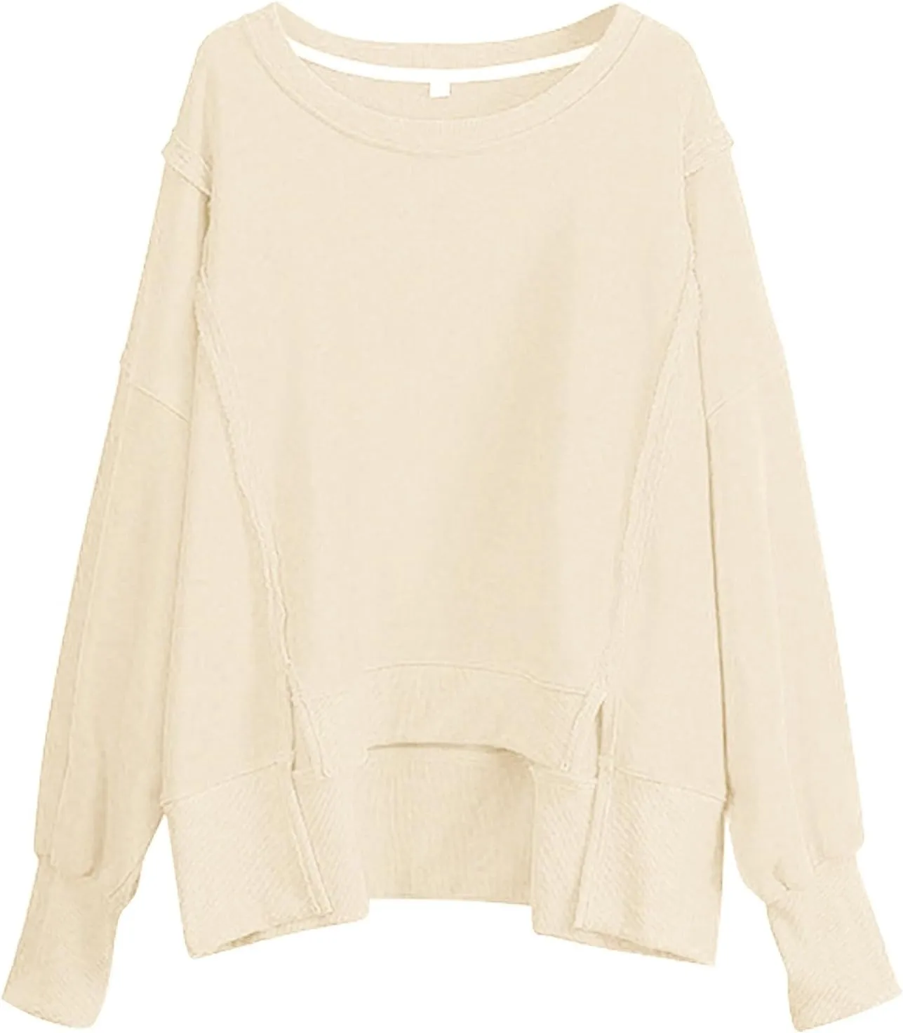 Oversized Hoodies for Women Loose Fit Solid Smocked Long Sleeve Round Neck Patchwork Tops Casual Pullover Sweatshirts