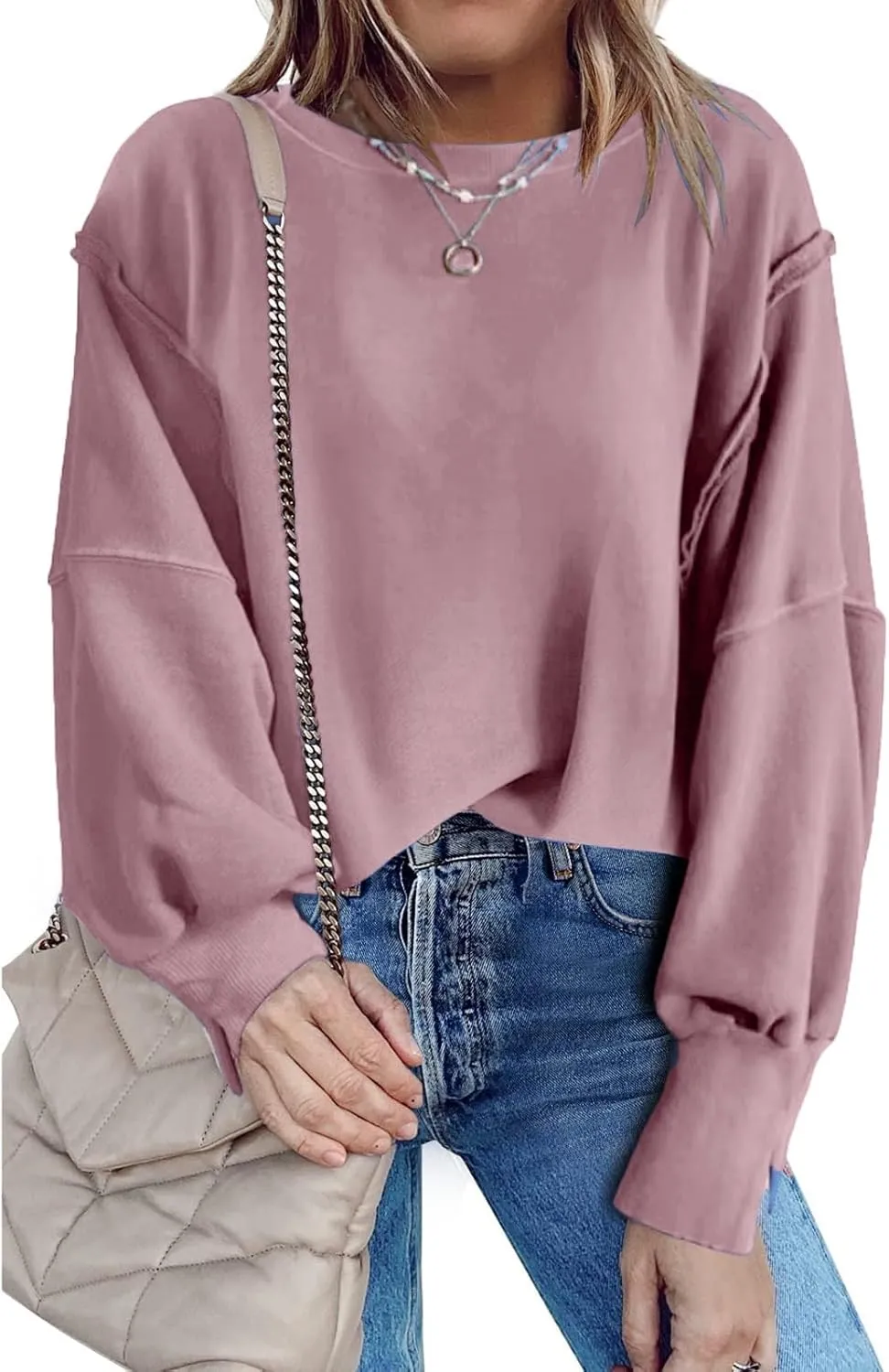 Oversized Hoodies for Women Loose Fit Solid Smocked Long Sleeve Round Neck Patchwork Tops Casual Pullover Sweatshirts