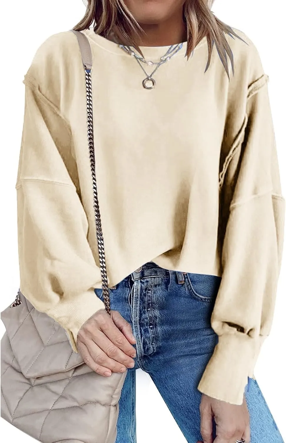 Oversized Hoodies for Women Loose Fit Solid Smocked Long Sleeve Round Neck Patchwork Tops Casual Pullover Sweatshirts