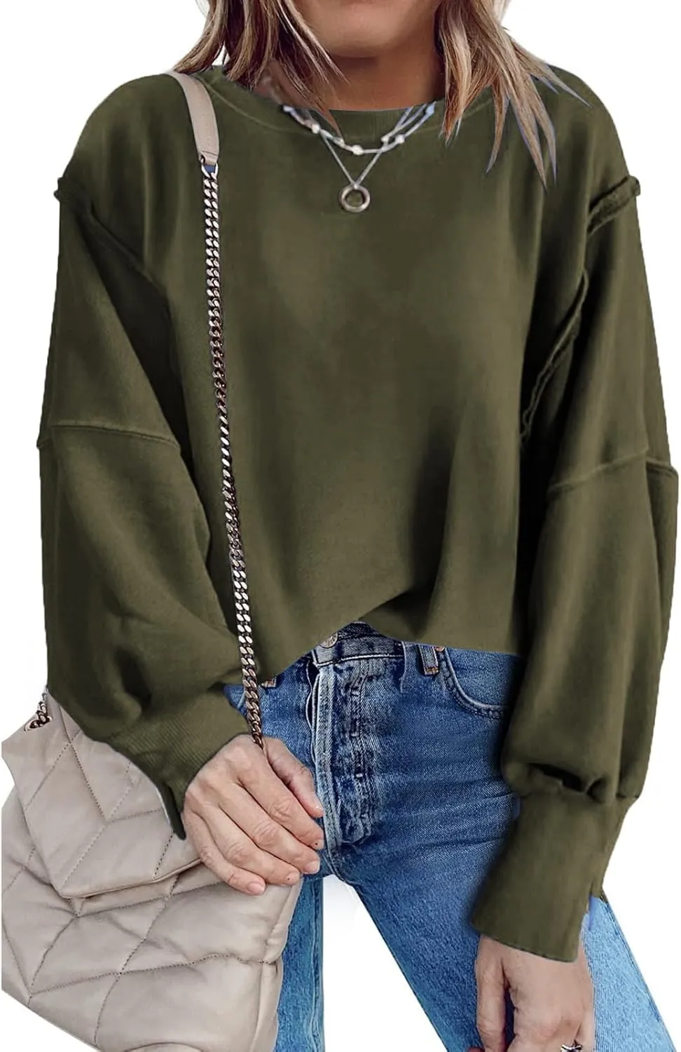 Oversized Hoodies for Women Loose Fit Solid Smocked Long Sleeve Round Neck Patchwork Tops Casual Pullover Sweatshirts