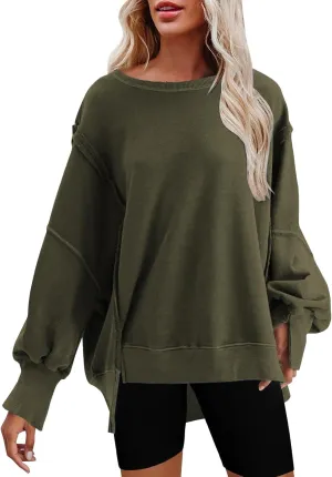 Oversized Hoodies for Women Loose Fit Solid Smocked Long Sleeve Round Neck Patchwork Tops Casual Pullover Sweatshirts