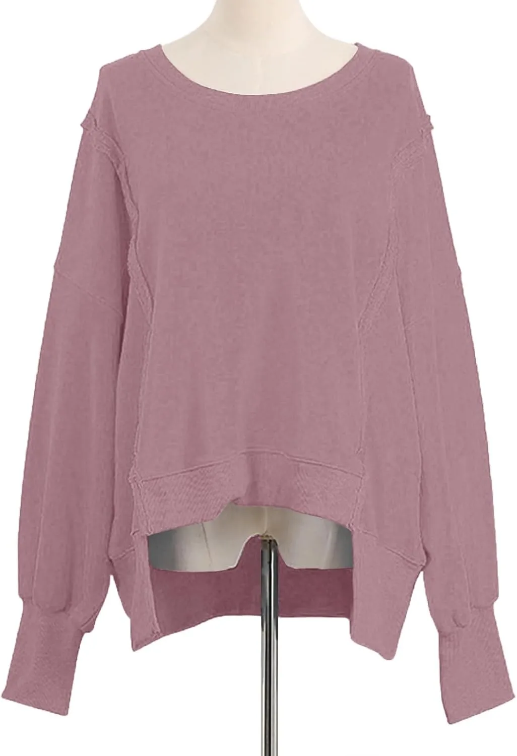 Oversized Hoodies for Women Loose Fit Solid Smocked Long Sleeve Round Neck Patchwork Tops Casual Pullover Sweatshirts