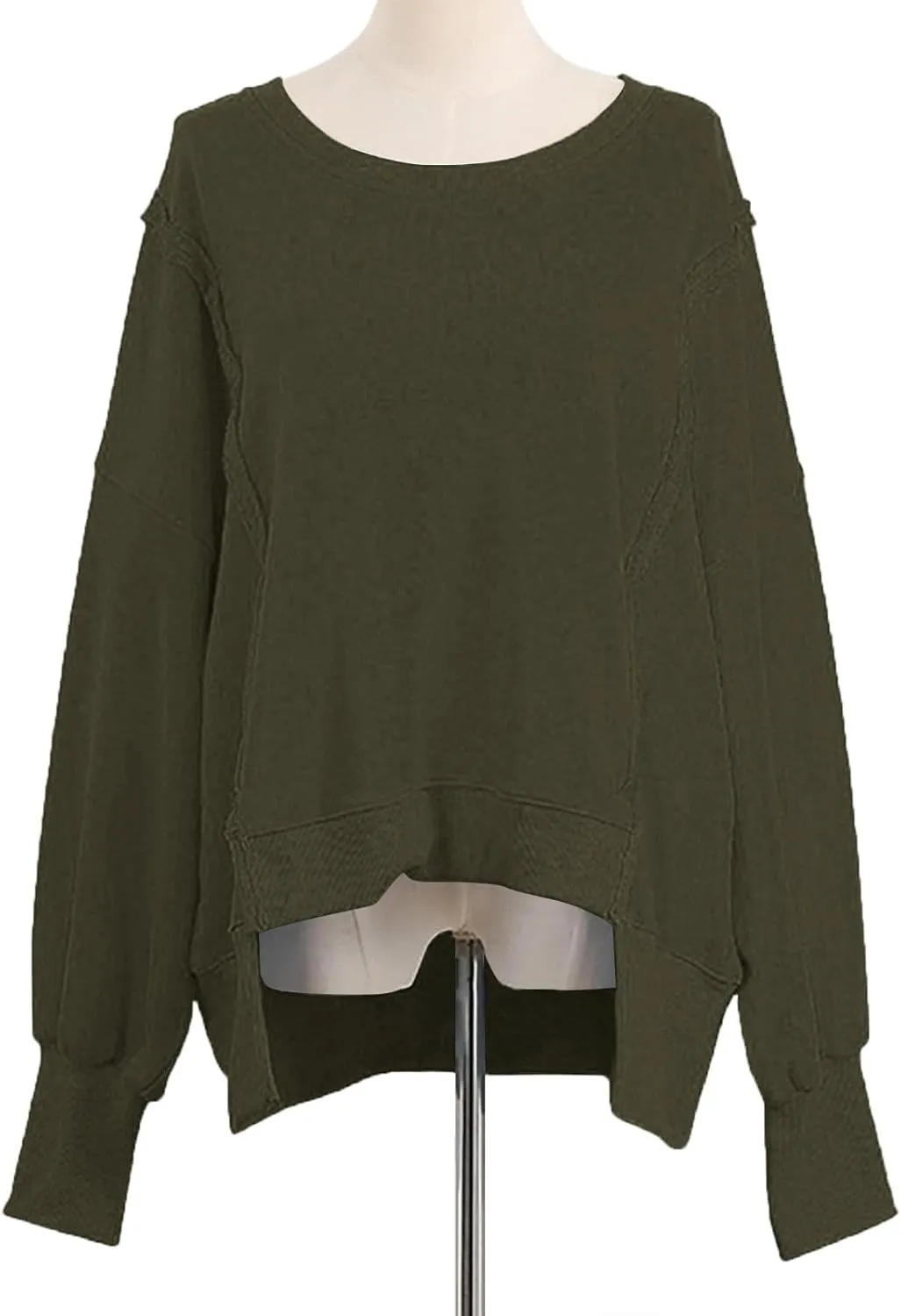 Oversized Hoodies for Women Loose Fit Solid Smocked Long Sleeve Round Neck Patchwork Tops Casual Pullover Sweatshirts