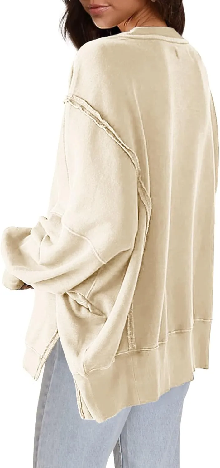 Oversized Hoodies for Women Loose Fit Solid Smocked Long Sleeve Round Neck Patchwork Tops Casual Pullover Sweatshirts