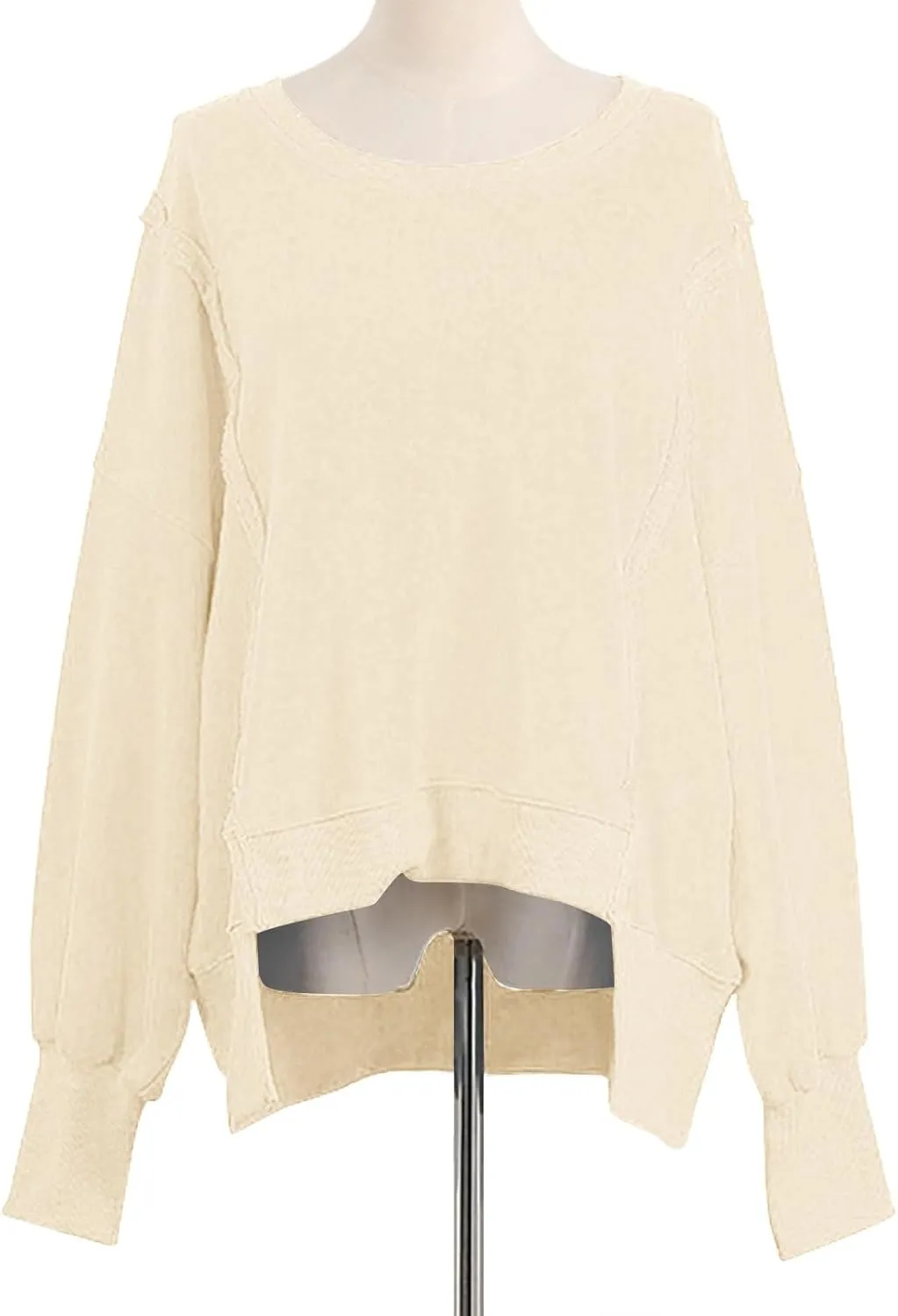 Oversized Hoodies for Women Loose Fit Solid Smocked Long Sleeve Round Neck Patchwork Tops Casual Pullover Sweatshirts