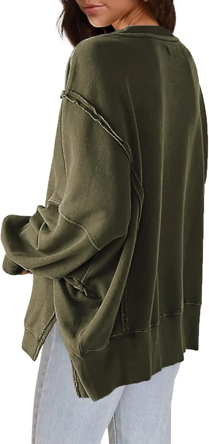 Oversized Hoodies for Women Loose Fit Solid Smocked Long Sleeve Round Neck Patchwork Tops Casual Pullover Sweatshirts