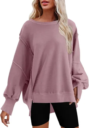 Oversized Hoodies for Women Loose Fit Solid Smocked Long Sleeve Round Neck Patchwork Tops Casual Pullover Sweatshirts