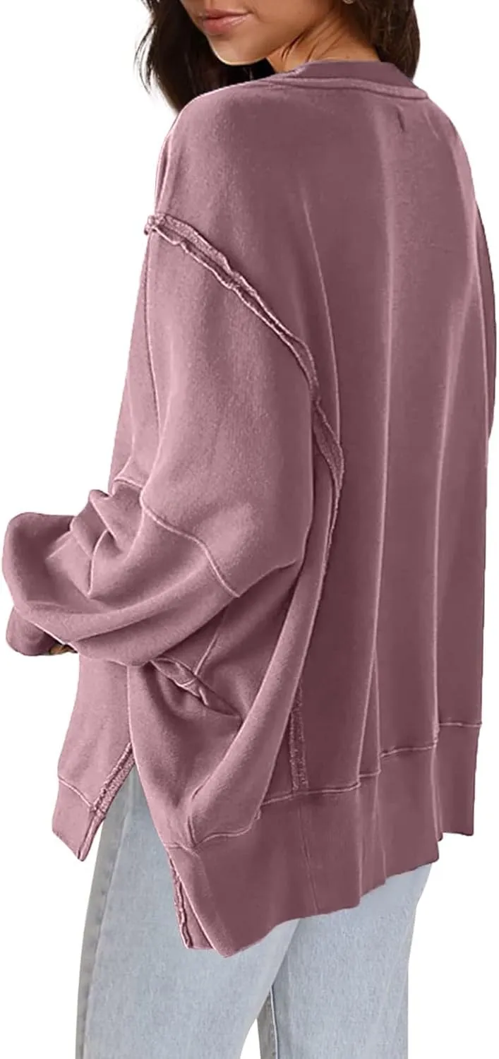 Oversized Hoodies for Women Loose Fit Solid Smocked Long Sleeve Round Neck Patchwork Tops Casual Pullover Sweatshirts
