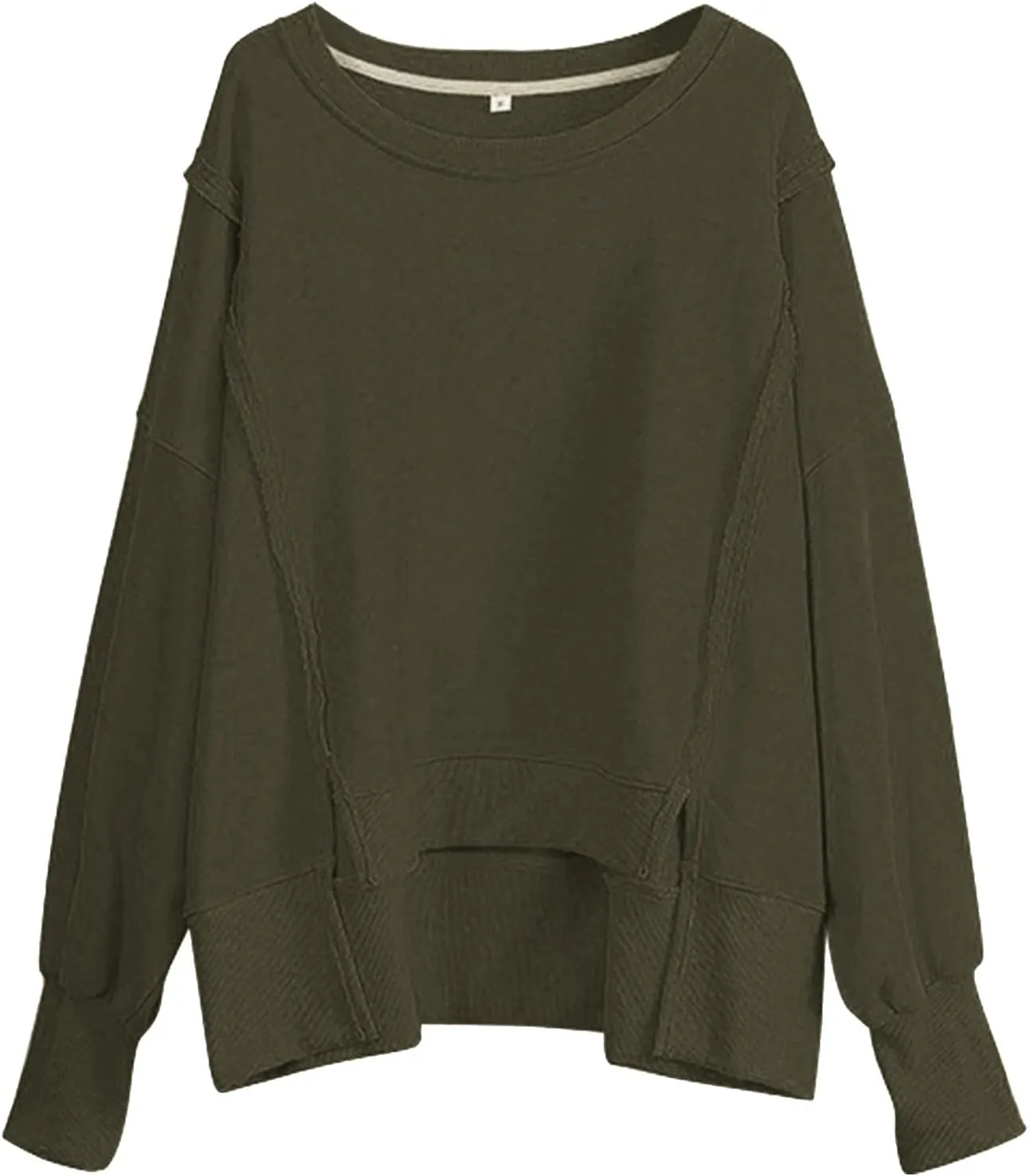 Oversized Hoodies for Women Loose Fit Solid Smocked Long Sleeve Round Neck Patchwork Tops Casual Pullover Sweatshirts