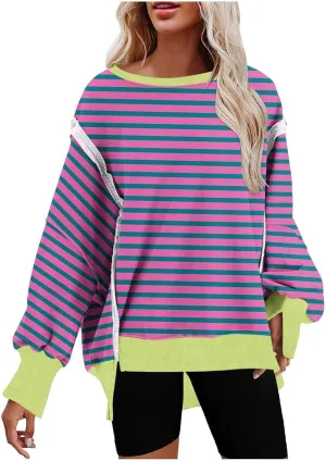 Oversized Sweatshirts for Women Loose Fit Striped High Low Asymmetrical Hem Hoodie Long Sleeve Round Neck Sweatshirts