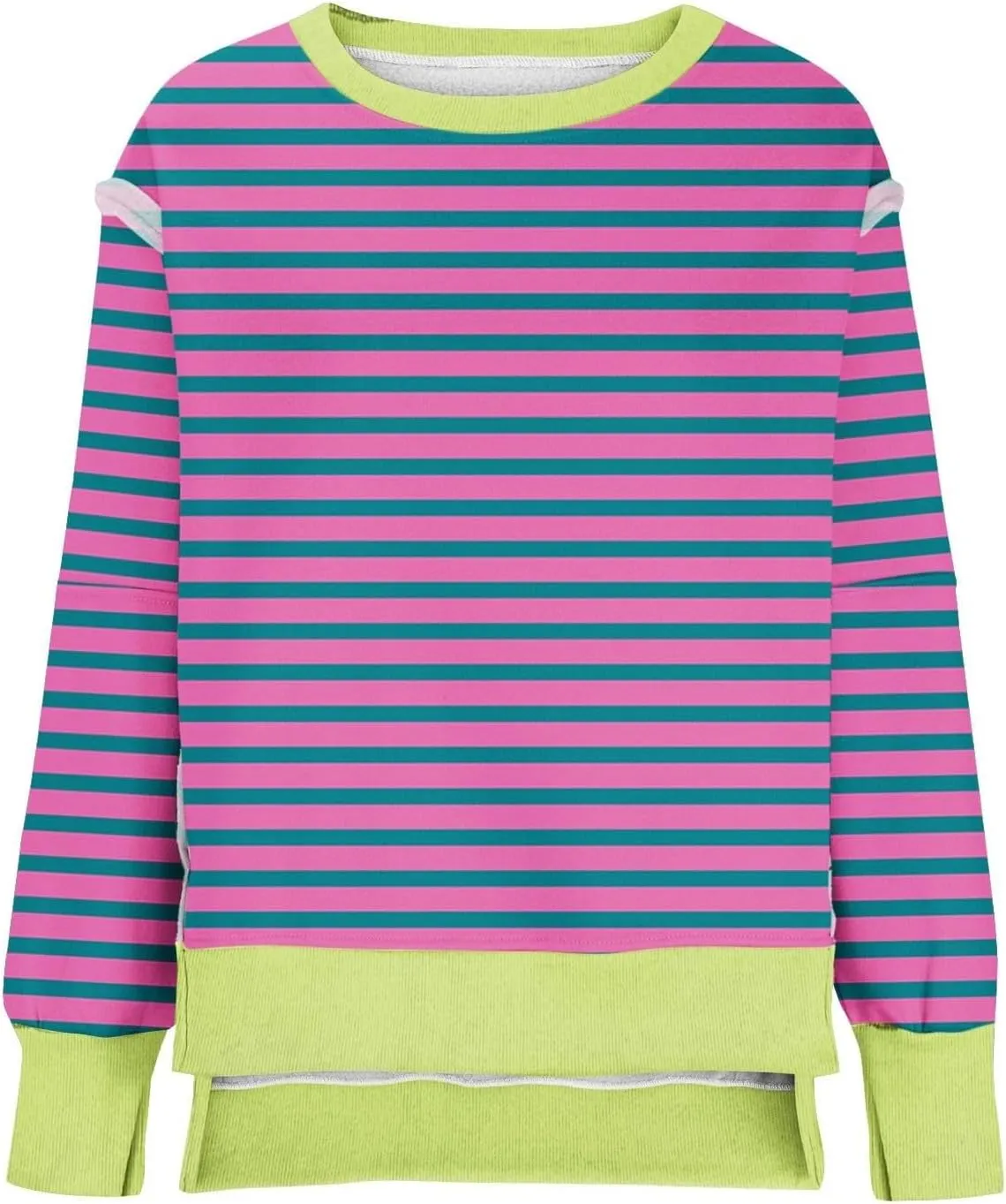 Oversized Sweatshirts for Women Loose Fit Striped High Low Asymmetrical Hem Hoodie Long Sleeve Round Neck Sweatshirts