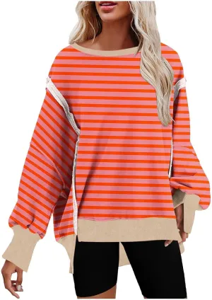 Oversized Sweatshirts for Women Loose Fit Striped High Low Asymmetrical Hem Hoodie Long Sleeve Round Neck Sweatshirts