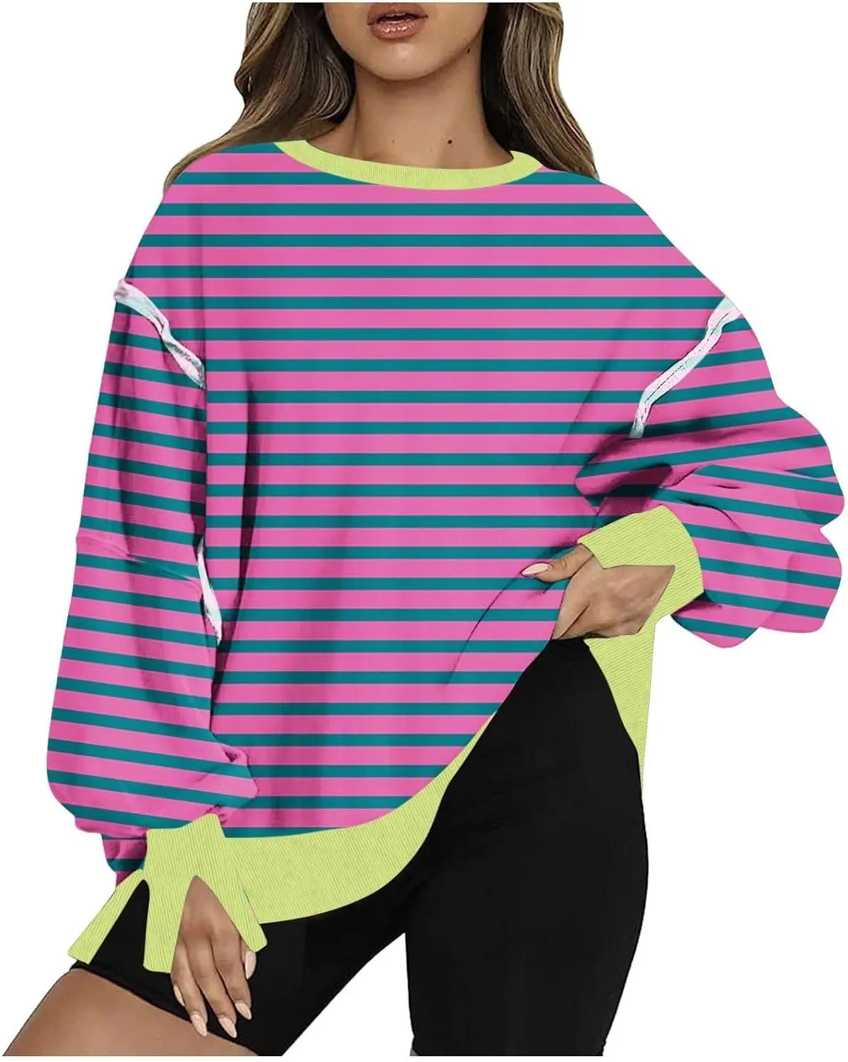 Oversized Sweatshirts for Women Loose Fit Striped High Low Asymmetrical Hem Hoodie Long Sleeve Round Neck Sweatshirts