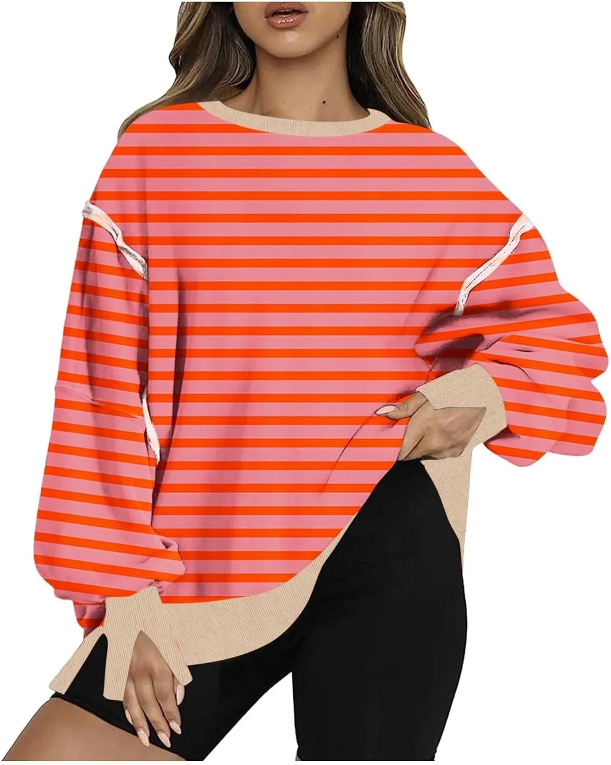 Oversized Sweatshirts for Women Loose Fit Striped High Low Asymmetrical Hem Hoodie Long Sleeve Round Neck Sweatshirts