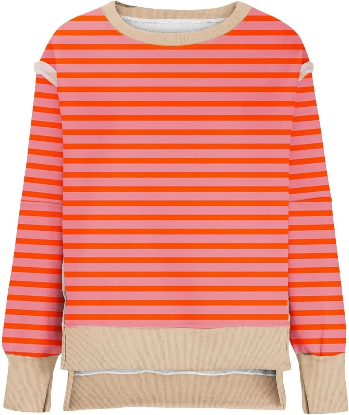 Oversized Sweatshirts for Women Loose Fit Striped High Low Asymmetrical Hem Hoodie Long Sleeve Round Neck Sweatshirts
