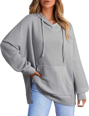 Oversized Sweatshirts Waffle Loose Drop Shoulder Knitted Solid Color Pullover Tops Fall Relaxed Fit Side Split Hoodie
