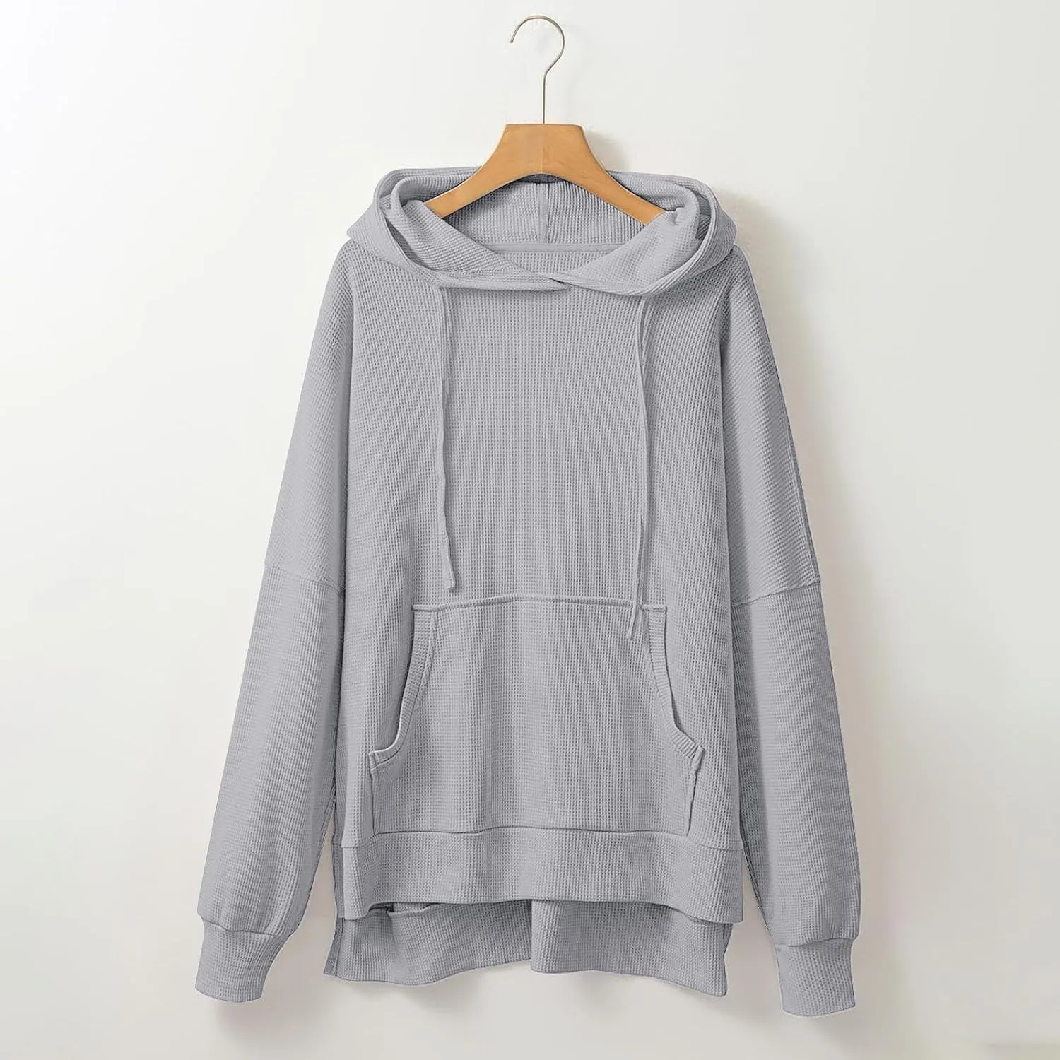 Oversized Sweatshirts Waffle Loose Drop Shoulder Knitted Solid Color Pullover Tops Fall Relaxed Fit Side Split Hoodie