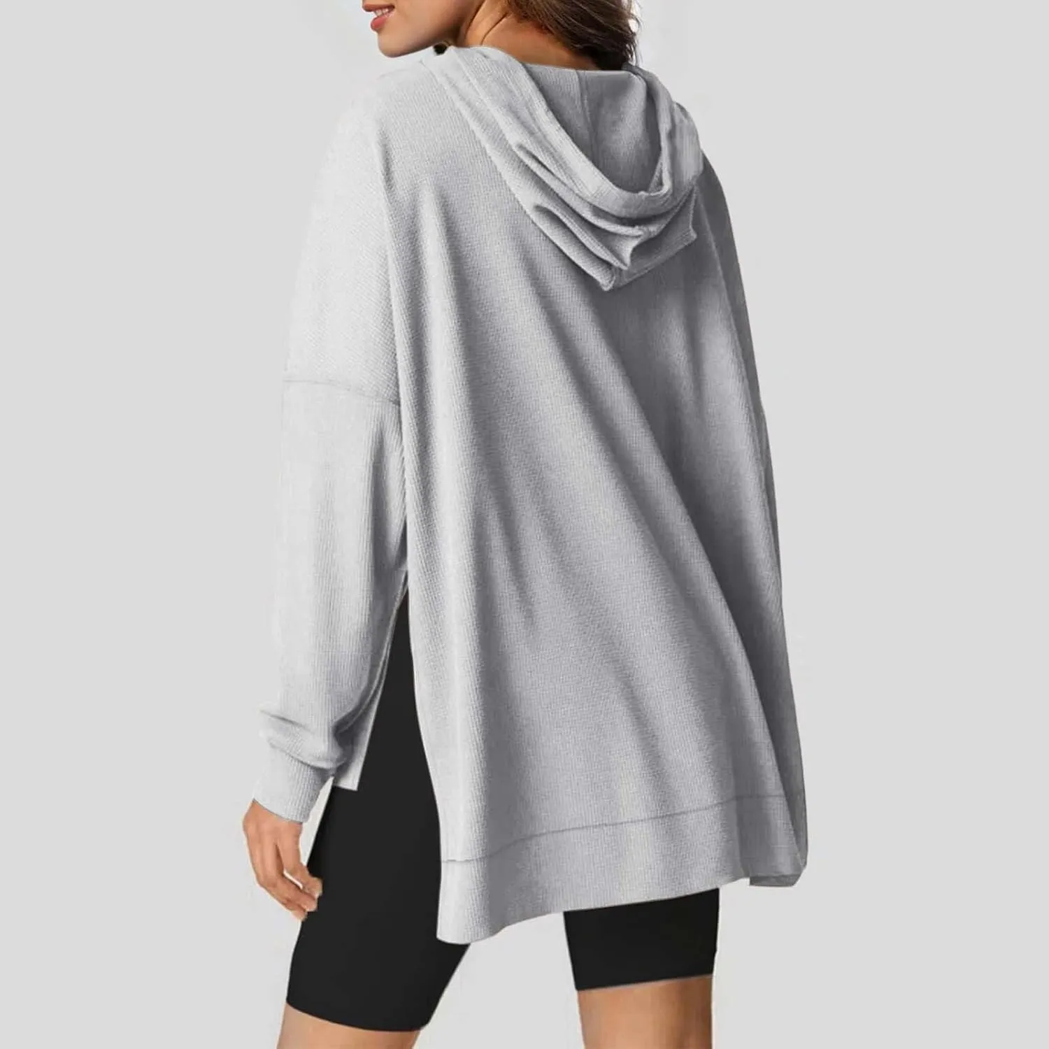 Oversized Sweatshirts Waffle Loose Drop Shoulder Knitted Solid Color Pullover Tops Fall Relaxed Fit Side Split Hoodie