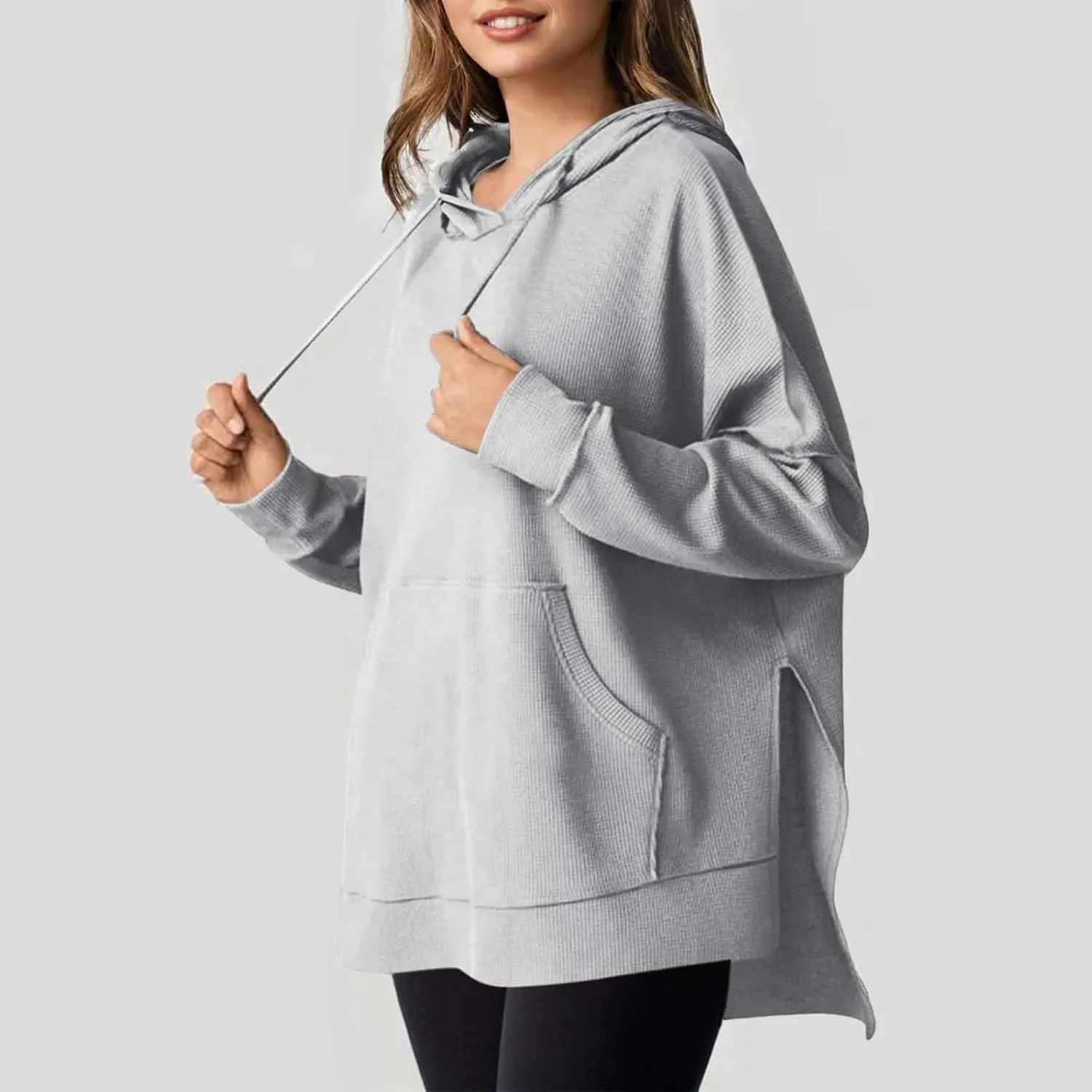 Oversized Sweatshirts Waffle Loose Drop Shoulder Knitted Solid Color Pullover Tops Fall Relaxed Fit Side Split Hoodie
