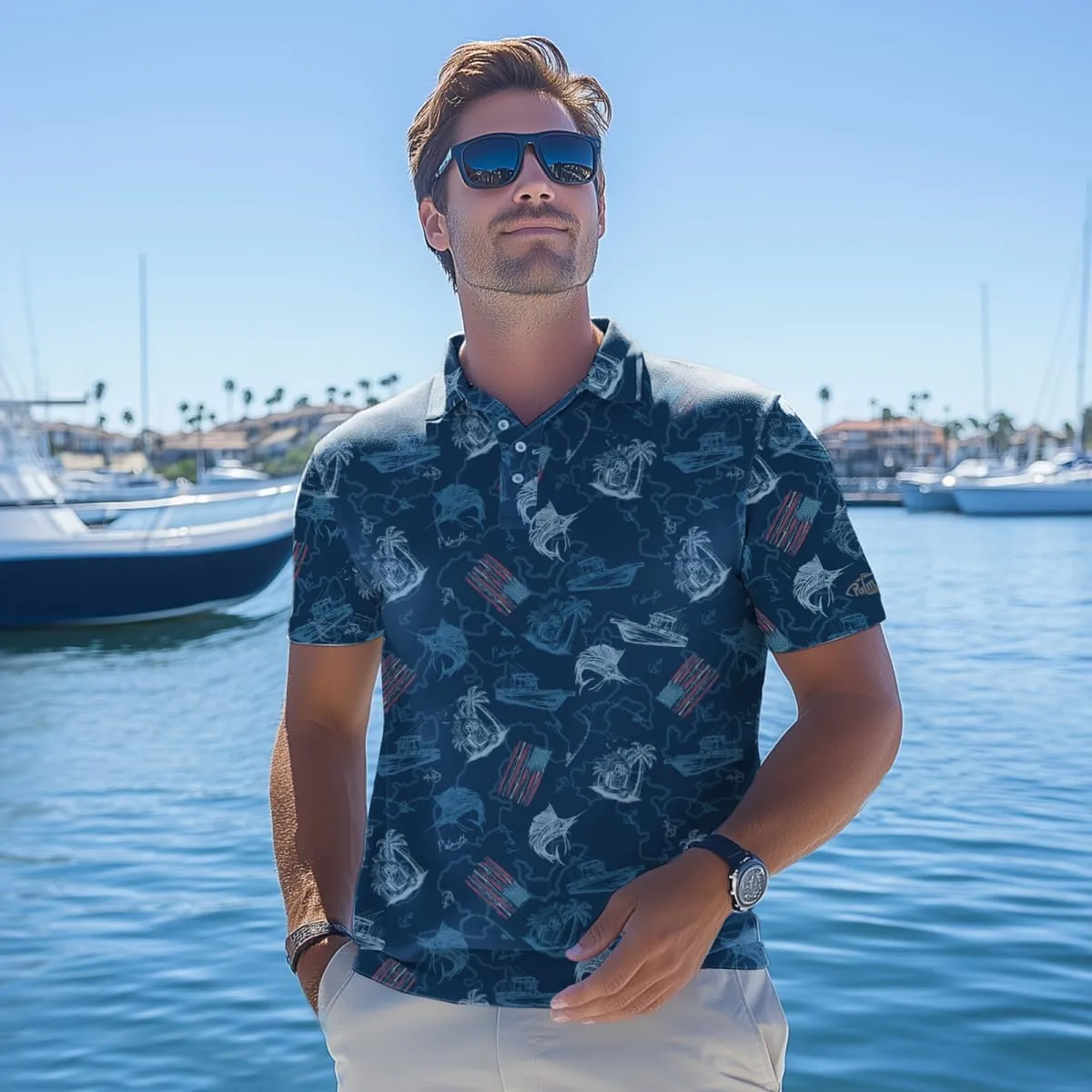 Palmyth Polo Shirts for Men Dry Fit Short Sleeve UPF 50  Moisture Wicking Print Collared Polo Golf Shirts Fishing