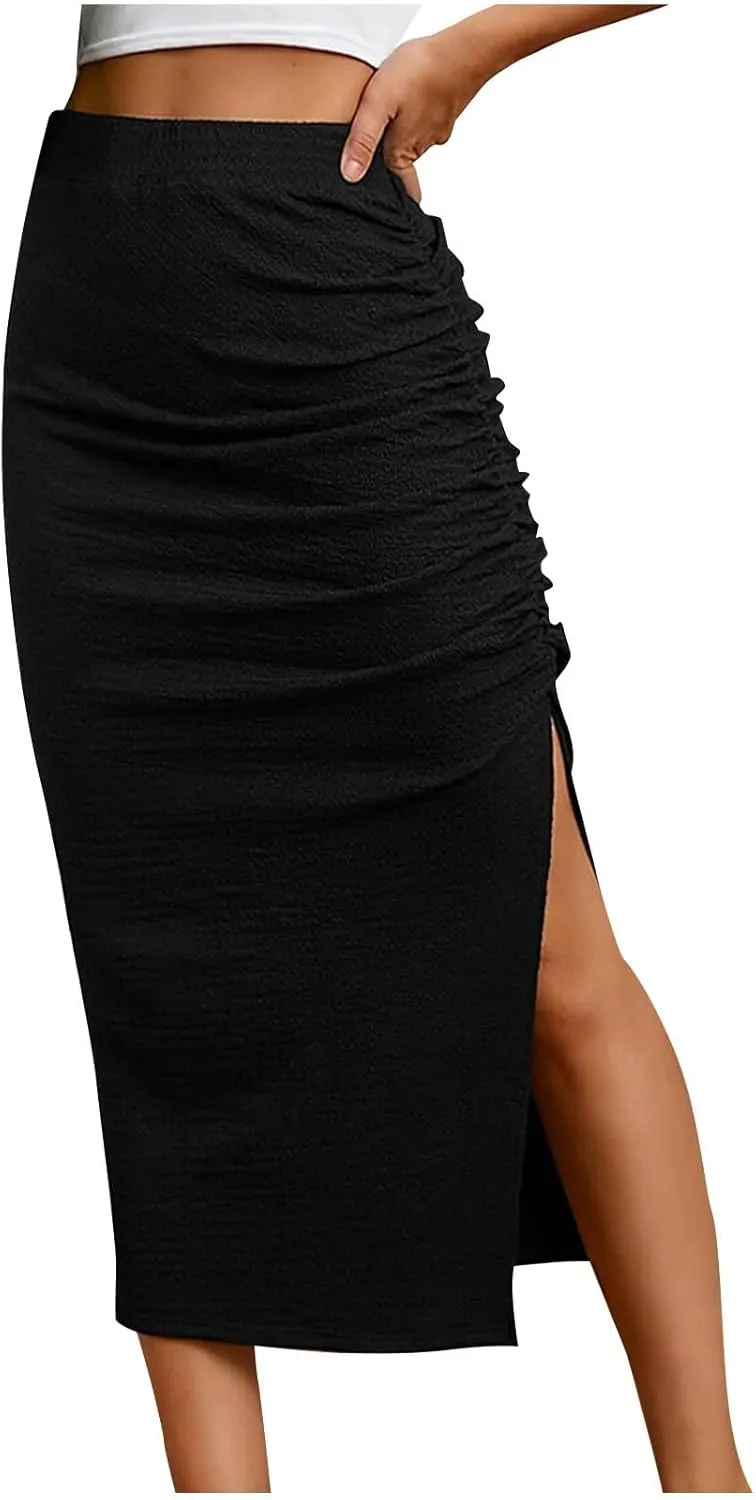 Pencil Midi Skirt for Women Summer High Waist Ruched Stretchy Bodycon Skirts Casual Solid Split Side Business Skirt