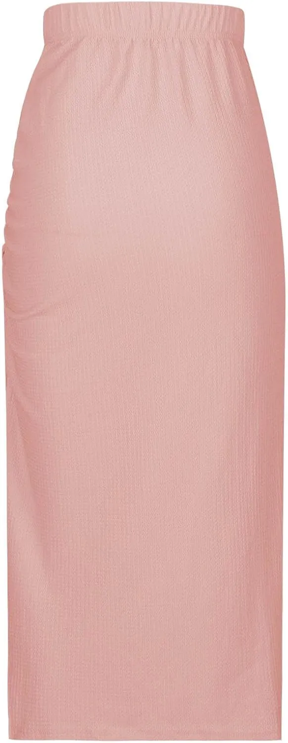 Pencil Midi Skirt for Women Summer High Waist Ruched Stretchy Bodycon Skirts Casual Solid Split Side Business Skirt