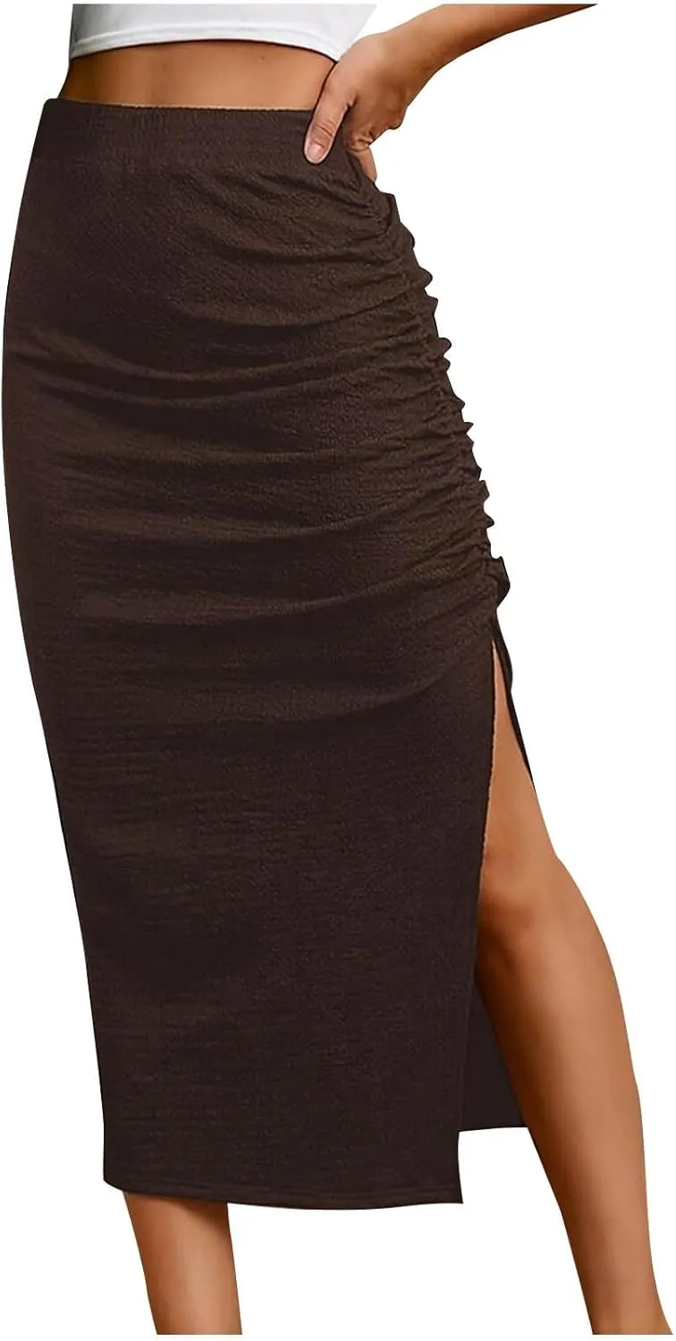 Pencil Midi Skirt for Women Summer High Waist Ruched Stretchy Bodycon Skirts Casual Solid Split Side Business Skirt