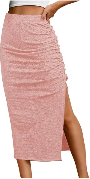 Pencil Midi Skirt for Women Summer High Waist Ruched Stretchy Bodycon Skirts Casual Solid Split Side Business Skirt