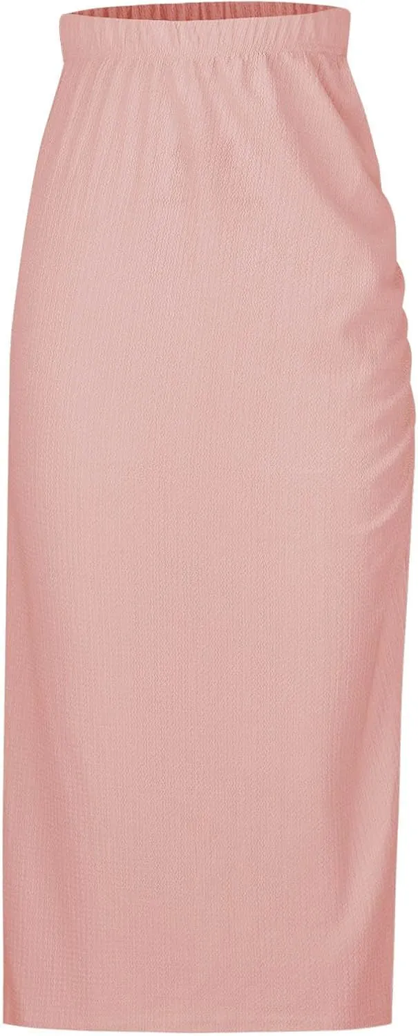 Pencil Midi Skirt for Women Summer High Waist Ruched Stretchy Bodycon Skirts Casual Solid Split Side Business Skirt