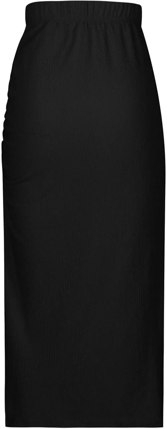Pencil Midi Skirt for Women Summer High Waist Ruched Stretchy Bodycon Skirts Casual Solid Split Side Business Skirt