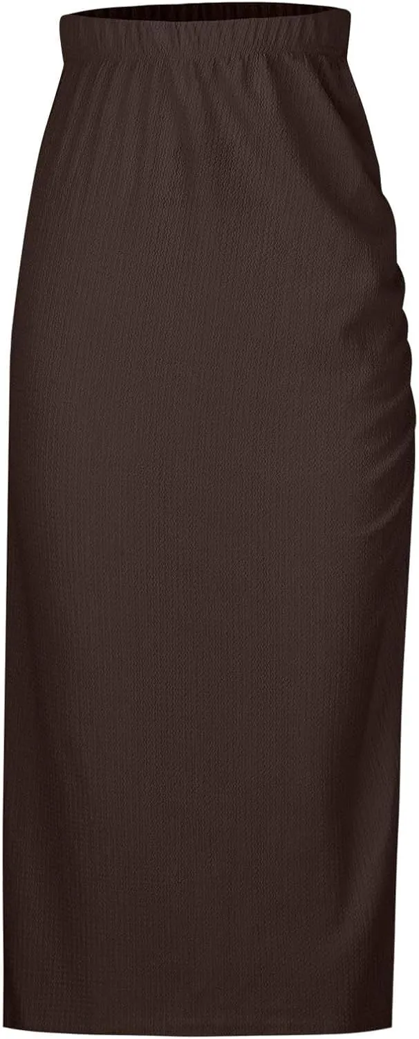 Pencil Midi Skirt for Women Summer High Waist Ruched Stretchy Bodycon Skirts Casual Solid Split Side Business Skirt