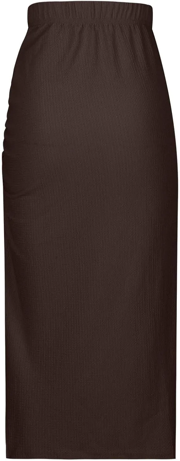 Pencil Midi Skirt for Women Summer High Waist Ruched Stretchy Bodycon Skirts Casual Solid Split Side Business Skirt