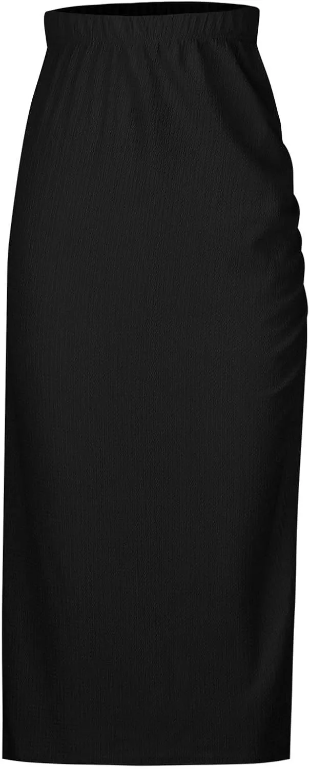 Pencil Midi Skirt for Women Summer High Waist Ruched Stretchy Bodycon Skirts Casual Solid Split Side Business Skirt