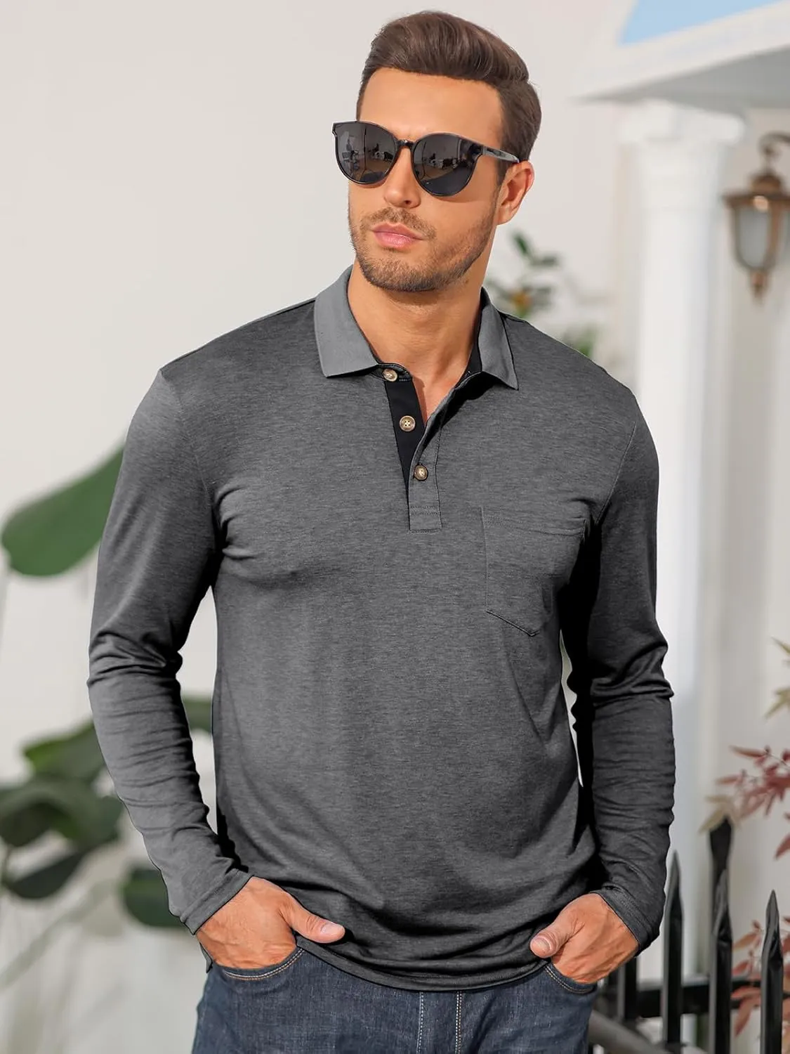 PICKLION Mens Long Sleeve Polo Shirts Casual Moisture Wicking Golf Polo Shirts with Pocket