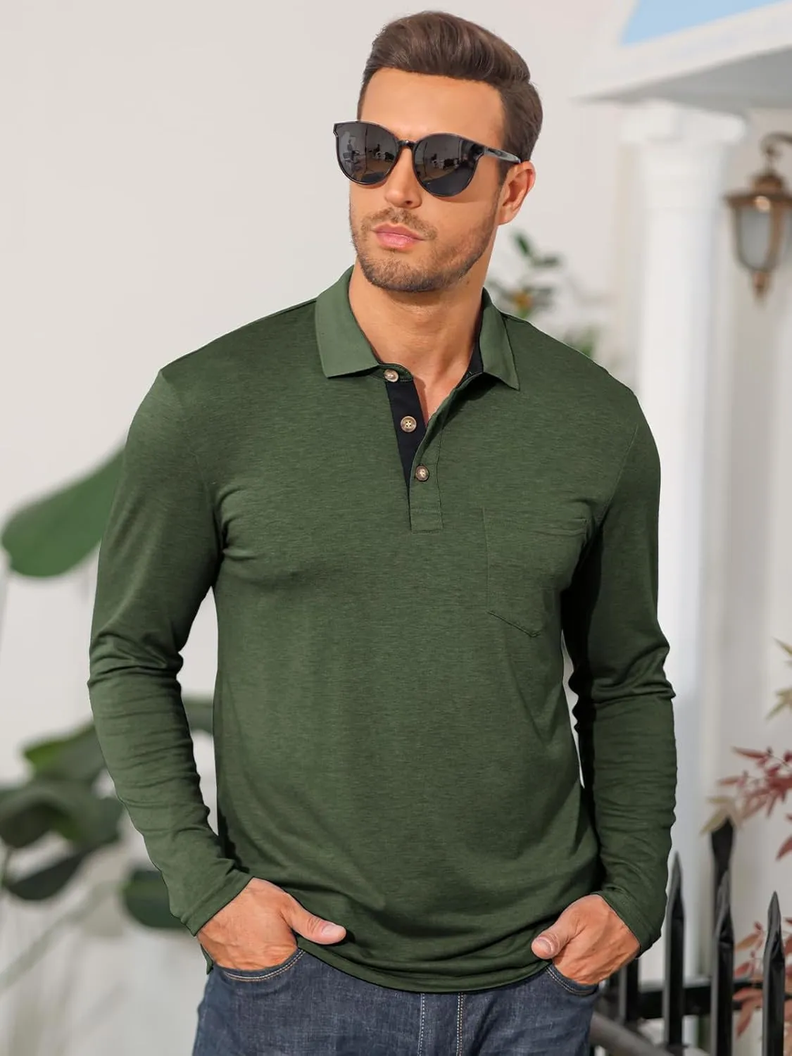 PICKLION Mens Long Sleeve Polo Shirts Casual Moisture Wicking Golf Polo Shirts with Pocket