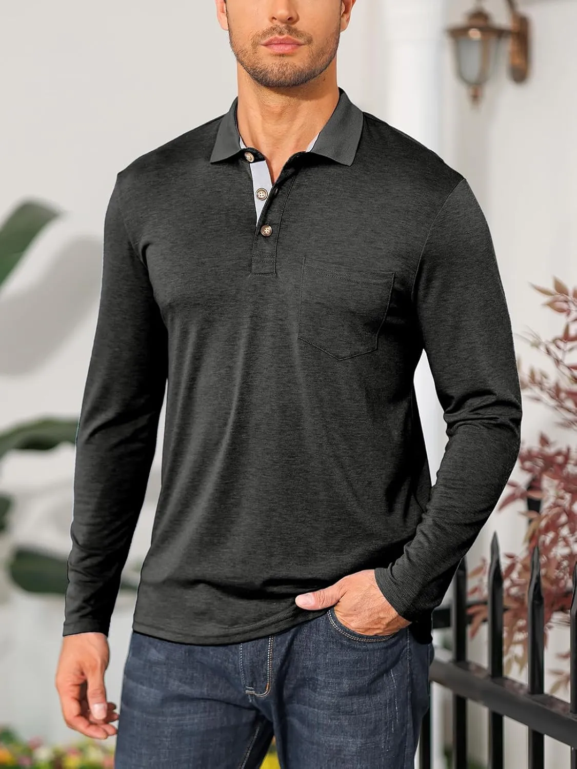 PICKLION Mens Long Sleeve Polo Shirts Casual Moisture Wicking Golf Polo Shirts with Pocket