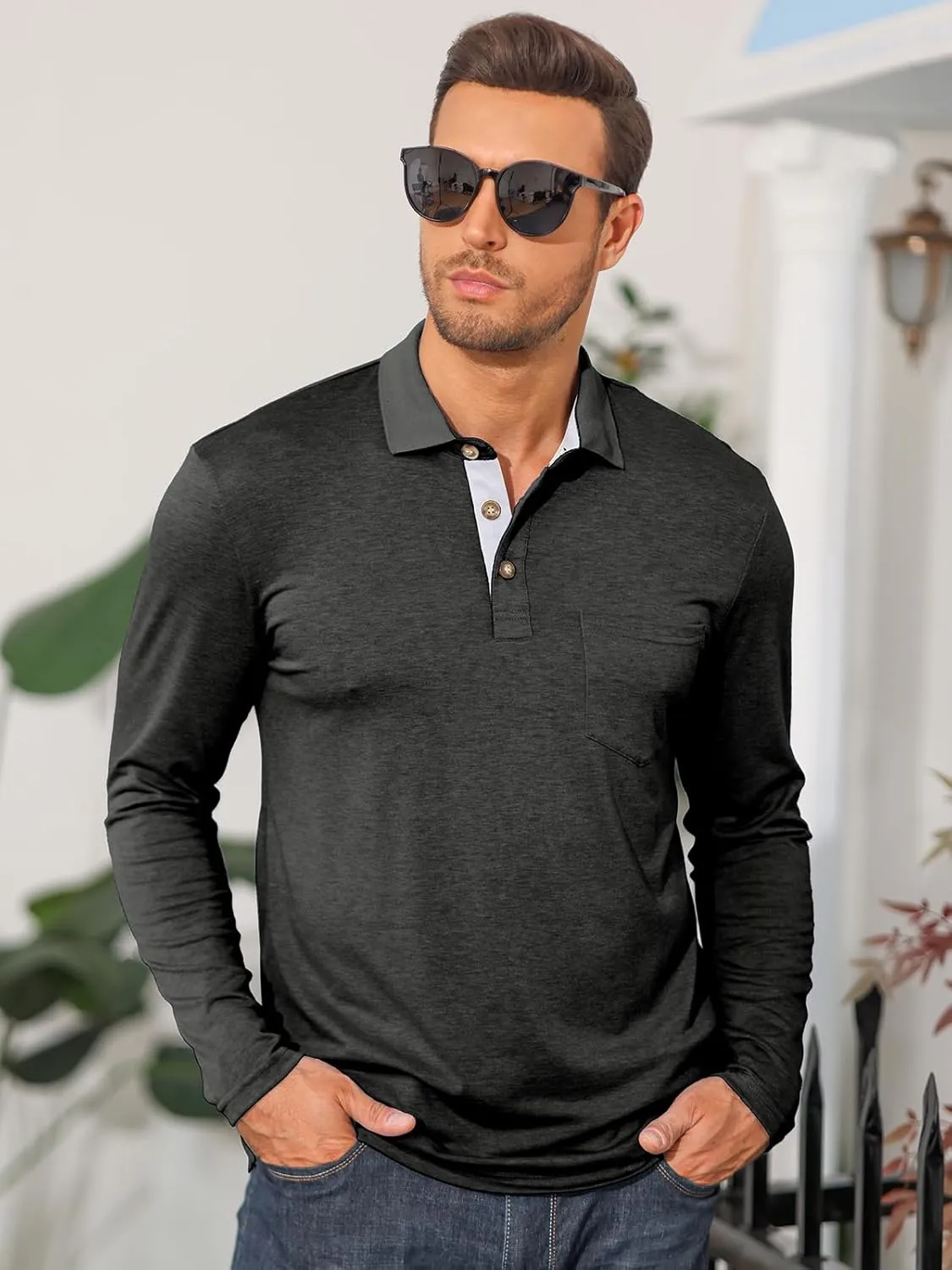 PICKLION Mens Long Sleeve Polo Shirts Casual Moisture Wicking Golf Polo Shirts with Pocket