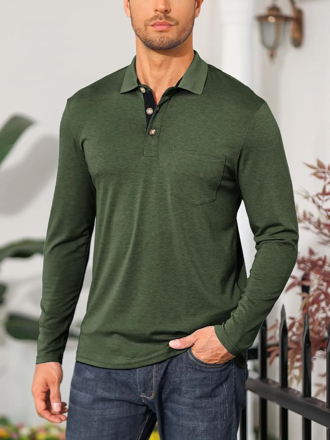 PICKLION Mens Long Sleeve Polo Shirts Casual Moisture Wicking Golf Polo Shirts with Pocket