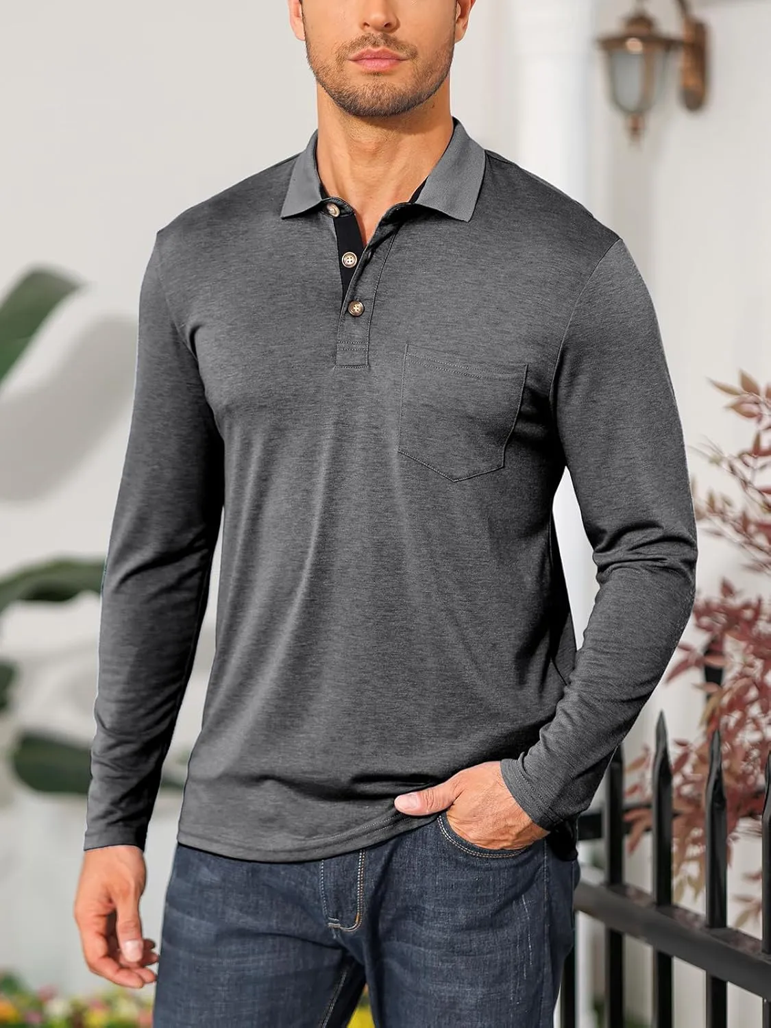 PICKLION Mens Long Sleeve Polo Shirts Casual Moisture Wicking Golf Polo Shirts with Pocket