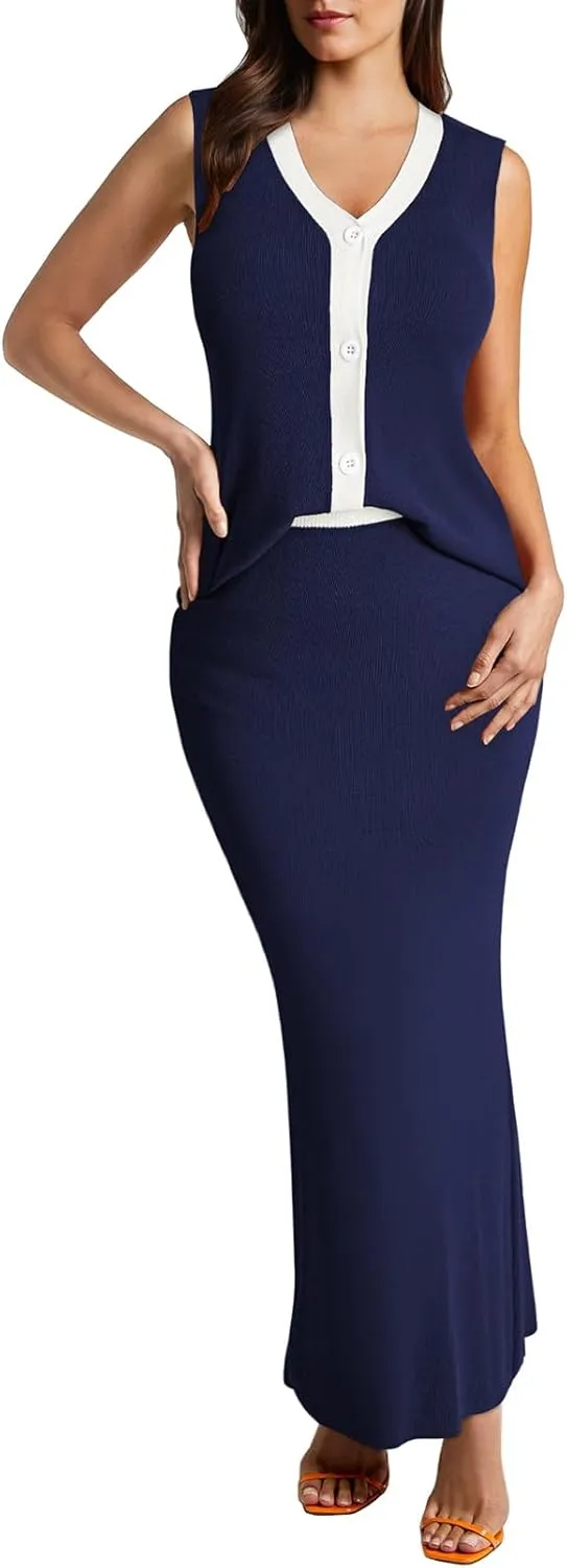 Pink Queen Women's 2 Piece Outfit Sets 2025 Summer Fashion Sleeveless Tank Top High Waist Slit Bodycon Knit Skirt Dresses Set