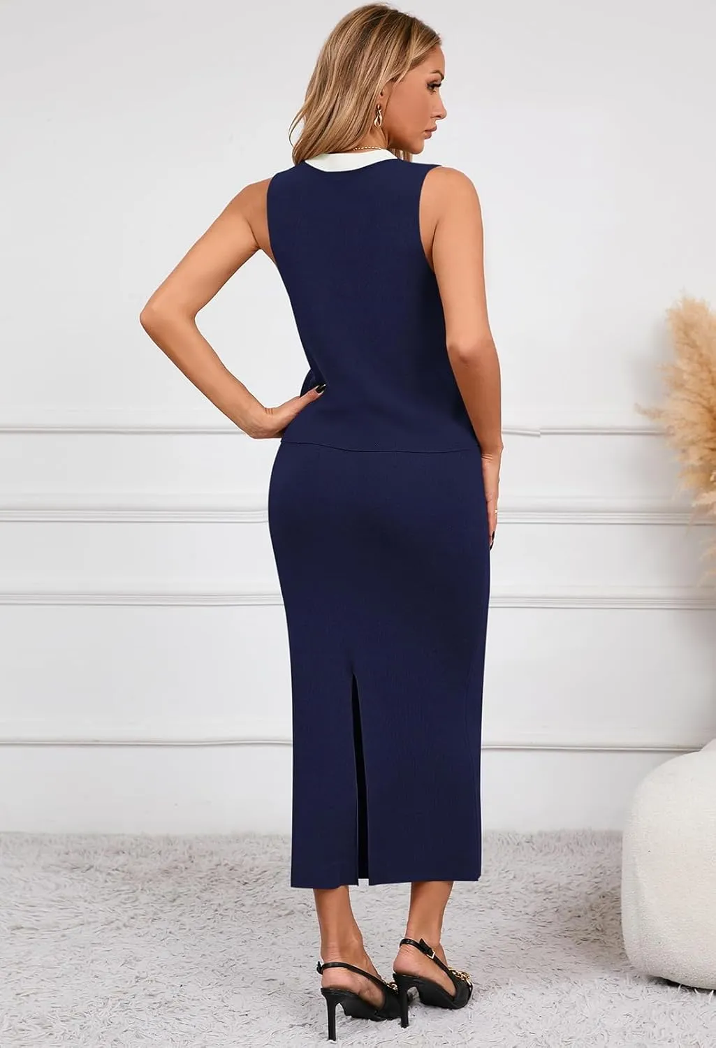 Pink Queen Women's 2 Piece Outfit Sets 2025 Summer Fashion Sleeveless Tank Top High Waist Slit Bodycon Knit Skirt Dresses Set